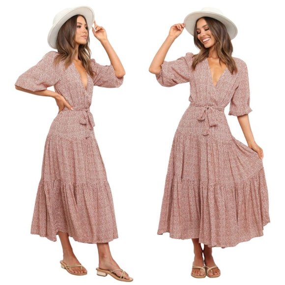 Petal & Pup Dresses & Skirts - Petal & Pup Womens Hadyn Maxi Dress Size Medium Rust Red Micro Floral Prairie